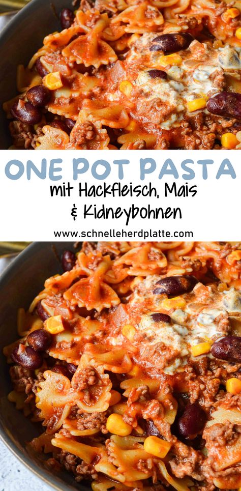 Diese Nudeln mit Hackfleisch, Mais & Kidneybohnen musst du einfach probieren. Pasta Protein, Office Lunch, One Pot Pasta, Kitchen Stuff, One Pot, Soul Food, Good Mood, Pasta Recipes, Cooking And Baking