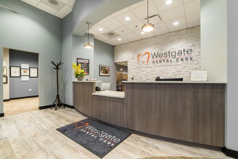 Westgate Dental Care | Reception & Waiting Area | Design Ergonomics Inc. | Dental Office Design Dental Office Front Desk, Dental Office Design Receptions, Office Front Desk, Waiting Room Decor, Chiropractic Office Design, Front Desk Design, Doctor Office Design, Office Reception Design, Dentist Office Design