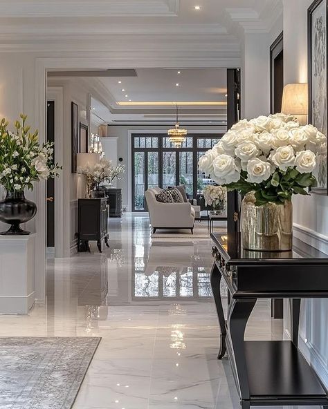 Instagram Marble Floor Dining Room, Classic Hallway, Entryway Design Ideas, Entrance Hall Decor, Entryway Design, Elegant Entryway, Modern Living Room Interior, Marble Floors, Contemporary House Exterior