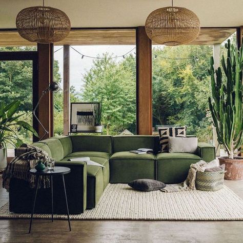 Green Sofa Rug Combo, Olive Green Sofa And Rug, Dark Green Leather Sofa, Green L Couch, Olive Green Couch Living Room, Green Velvet Couch Living Rooms, Green Sectional Living Room, Dark Green Sofa Living Room Ideas, Olive Green Sectional