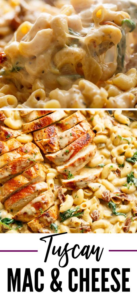 Mac And Cheese One Pot, Tuscan Chicken Mac And Cheese, Tuscan Dishes, Healthy Comfort Food Dinners, Chicken Mac And Cheese, Cheesy Macaroni, Best Pasta Dishes, Cafe Delites, Tuscan Chicken