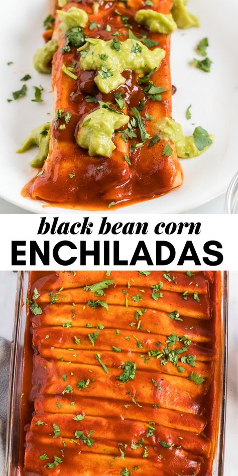 Corn Enchiladas, Black Bean And Corn, Vegan Enchiladas, Black Bean Enchiladas, Black Bean Corn, Bean Enchiladas, Vegan Mexican Recipes, Homemade Enchiladas, Vegan Black Bean