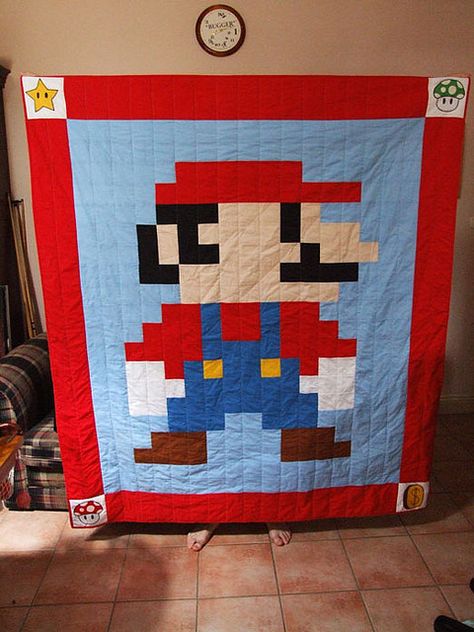 it's mario time! Mario Bros Quilt Patterns, Mario Quilt Pattern, Mario Quilt, Mario Room, Brothers Room, Children's Church Crafts, Pixel Crochet, Blanket Ideas, Star Quilt Patterns