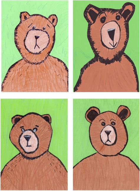 Bear portrait with construction paper and crayons Drawing Owls, Bear Portrait, Teddy Bear Day, First Grade Art, Kindergarten Projects, Directed Drawing, Classroom Art Projects, Bear Drawing, Beginner Art