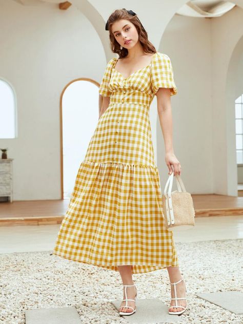 Gingham Linen Dress, Gingham Ruffle Dress For Daywear, Yellow Gingham Outfit, Yellow Gingham Dress, Chic Gingham A-line Dress, Summer Gingham Knee-length Dress, Summer Gingham V-neck Dress, Gingham Outfit, Saree Wearing Styles