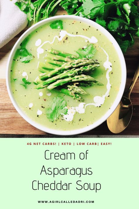 Cream of Asparagus Cheddar Soup | Keto & Low-Carb - A Girl Called Adri Asparagus Soup Recipe, Keto Asparagus, Cream Of Asparagus, Asparagus Chicken, Soup Keto, Cream Of Asparagus Soup, Creamed Asparagus, Low Carb Soup Recipes, Creamy Asparagus