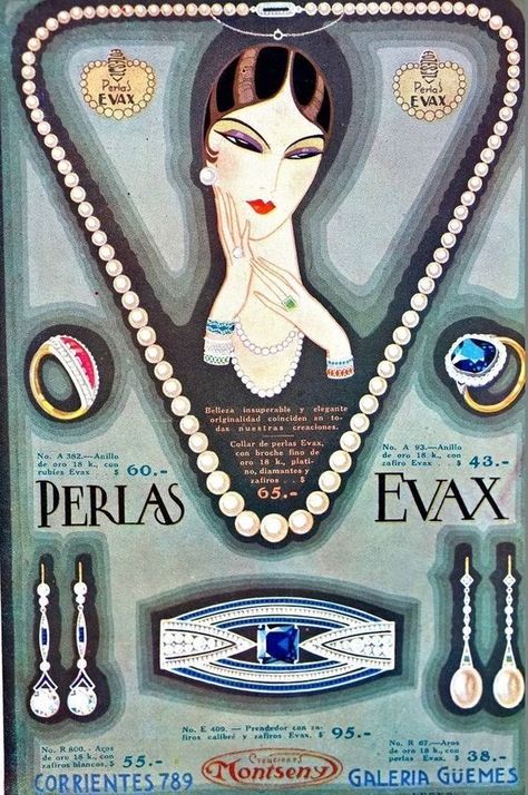 Accessories Design Portfolio, Classical Jewelry, 20s Jewelry, 1920s Ads, Jewelry Poster, Spanish Jewelry, Jewel Drawing, 60s Jewelry, Jewelry Ad