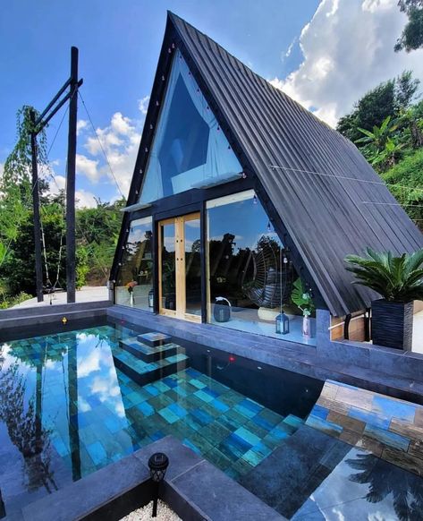 Tiny House Pool, Cabin With Pool, House Pool, Large Curtains, Cabin Inspiration, Tiny House Nation, Dream Hotels, A Frame House Plans, Frame Cabin