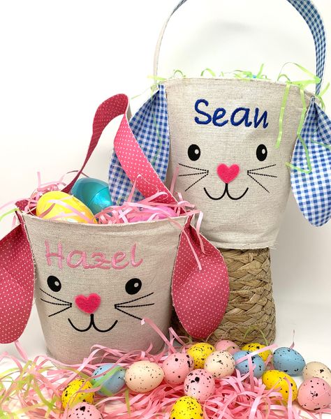 Easter Bunny Basket, Custom Embroidery Personalization, Canvas, Child’s name Easter Basket Items, Easter Bunny Basket, Candy Treats, Bunny Basket, Pink Embroidery, Small Toys, Blue Embroidery, Pink Gingham, Personalized Embroidered