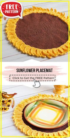 Crochet Animal Placemats, Sunflower Placemats, Sunflower Crochet Pattern, Crochet Sunflowers, Crochet Placemat, Kitchen Crochet, Sunflower Crochet, Crochet Placemat Patterns, Coaster Pattern