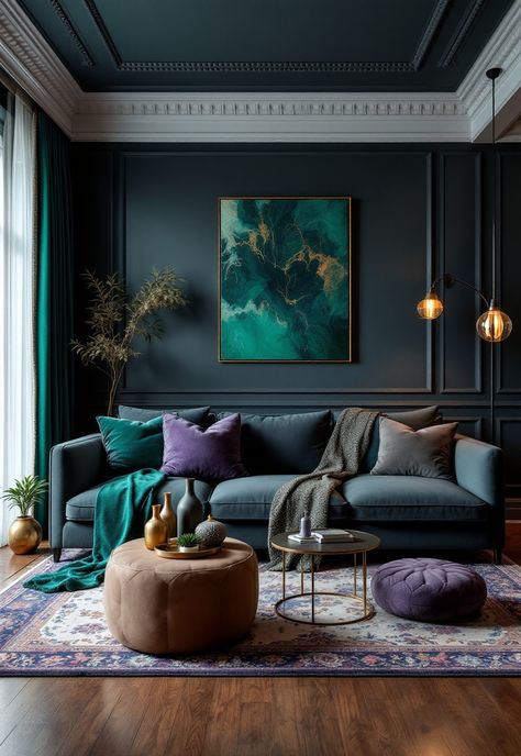 Dark Grey Couch Living Room Teal Sofa Wall Color, Teal Sitting Room Ideas, Dark Teal Sofa Living Room, Prussian Blue Living Room, Teal Gold Living Room Ideas, Dark Teal Living Room Decor, Living Room Cushions Color Palettes, Teal Velvet Sofa Living Room Ideas, Deep Blue Couch Living Room