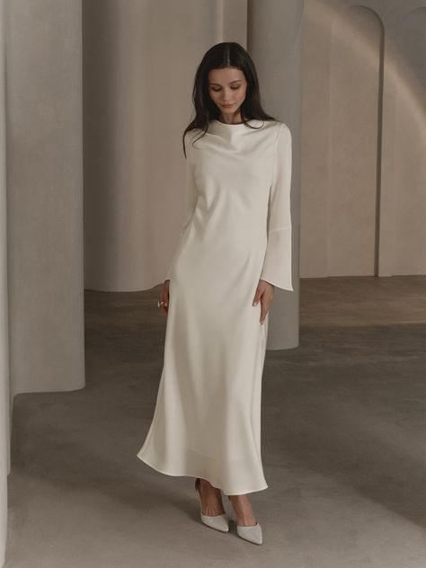 Maxi dress with flared cuffs :: LICHI - Online fashion store Modest Fashion Fall, White Dress Winter, Long Sleeve Maternity Dress, Classic White Dress, Temple Dress, Rehearsal Dinner Dresses, White Long Sleeve Dress, Online Fashion Store, Online Fashion Stores