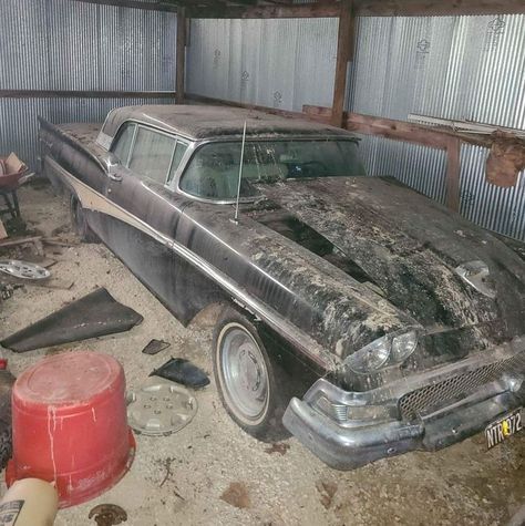 This 1958 Ford Skyliner is a retractable hardtop. The seller found it stuffed away in a shed after buying a piece of property. Big project? #Fairlane500, #Ford, #Skyliner Ford Fairlane 500, Edsel Ford, Fairlane 500, Ford Fairlane, Old Car, Big Project, Barn Finds, He Wants, Black Paint