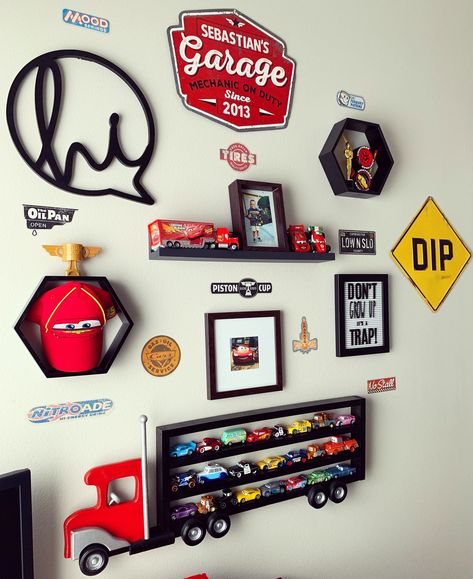 Cars Pixar Room Decor, Hot Wheel Nursery, Disney Pixar Cars Bedroom, Disney Car Bedroom Ideas, Cars Playroom Ideas, Semi Truck Nursery Theme, Car Enthusiast Room Ideas, Fast And Furious Nursery, Pixar Cars Room Ideas