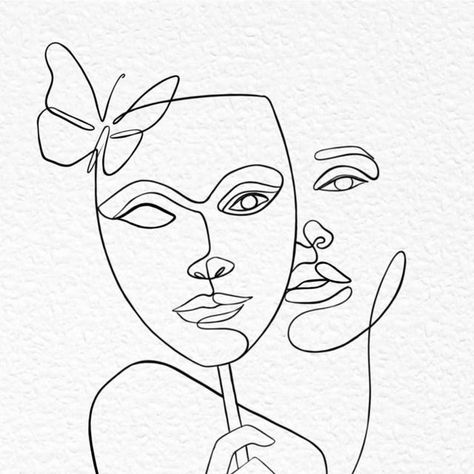 LINEIN_ONELINEART | IDN 🇮🇩 on Instagram: "Woman and a mask" One Line Tattoo Face, Mask Tattoos For Women, Drama Masks Tattoo, Two Faces Tattoo, Head Outline Tattoo, Masks Drawing, Masks Tattoo, Makeup Artist Cards, Outline Painting