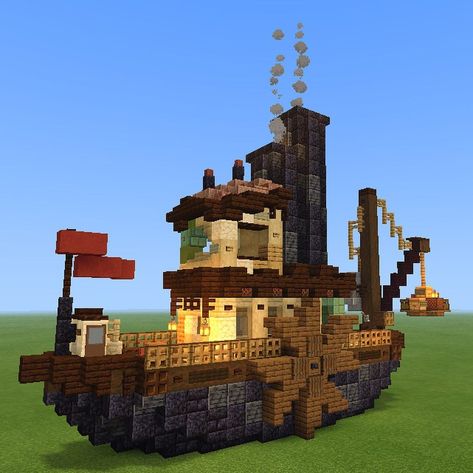 Blaze on Instagram: “Today’s post is s steamboat shop “Wares on the Water” . It features a flag, crates, a crane, smokestacks, copper patches, and more... .…” Minecraft Steampunk, Minecraft Statues, Minecraft Decoration, Minecraft Structures, Bangunan Minecraft, Steampunk House, Minecraft Cottage, Minecraft Castle, Rumah Minecraft