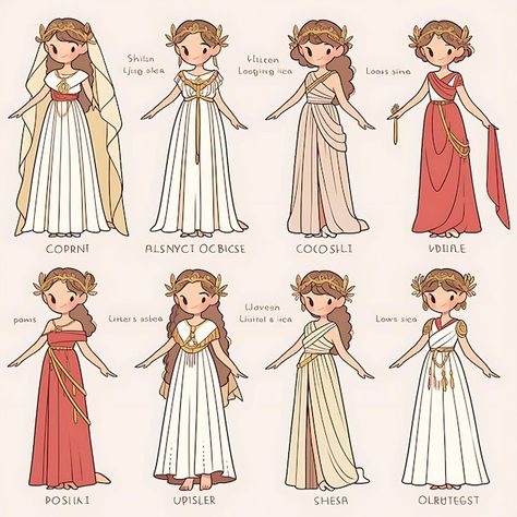 Ancient Rome Dress Aesthetic, Goddess Outfit Drawing Reference, Greek Mythology Clothes Drawing, Norse Mythology Outfit, Greek Goddess Clothes Drawing, Ancient Greece Concept Art, Greek Outfit Design, Greek Mythology Costumes Diy, Greek Mythology Dresses