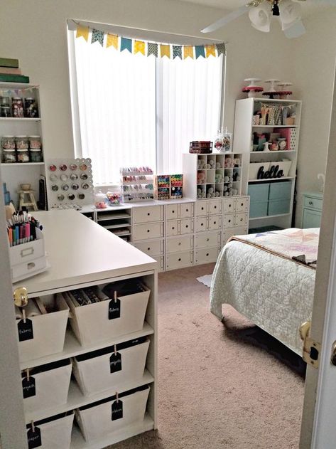 Craft Room With Bed Ideas, Sewing Room With Bed, Sewing Room In Bedroom, Setting Up A Craft Room, Craft Room With Bed, Craft Room Set Up, Craft Room Guest Room Combo, Craft Bedroom, Small Craft Rooms