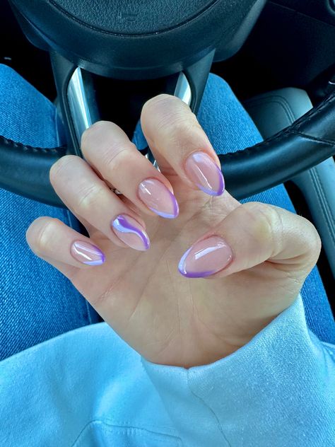 Purple nail inspo Cute Almond Nails Design Purple, Purple Acrylic Almond Nails, Homecoming Nails For Purple Dress, Cute Lavender Nails Almond, Swirl Purple Nails, Light Purple Gel Nails Design, Short Almond Acrylic Nails Lavender, Simple Short Purple Nails, Nail Inspo Summer Purple