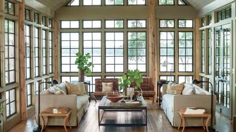 Panoramic Living Room Belgian Decor, Treehouse Inspiration, Lake House Furniture, Small Lake Houses, Lake House Living Room, Rustic Lake Houses, Screened Porches, Lake House Interior, Lake House Kitchen