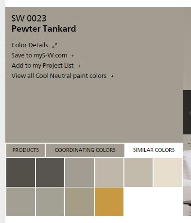 Pewter Tankard SW0023 Sw Pewter Tankard, Pewter Tankard, Interior Colors, Neutral Paint Colors, Best Paint Colors, Paint Swatches, Neutral Paint, Master Bed, Row House