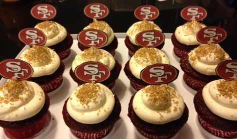 Red White and Gold San Francisco 49er's  Cupcakes via JoJo's Cupcakes on FB 49er Desserts, 49ers Treats, 49er Cake Ideas, 49ers Desserts, 49er Cupcakes, Cheifs Superbowl Cupcakes, 49ers Cupcakes Ideas, 49ers Cupcakes, 49ers Cookie Cake