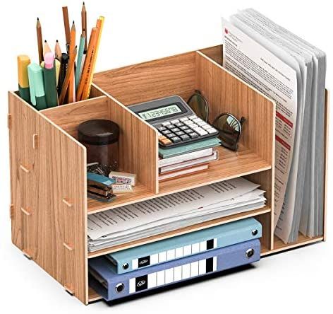 Study Table Organizer, Desk Tidys, Desk Organisers, Desk Tidy Ideas, Desk Organiser, Wooden Stationery, Functional Organizers With Pen Slots For Study, Book Organiser For Desk, Simple Desk Organizer