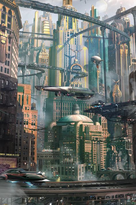 #Dieselpunk #Decopunk #ArtDeco #Retrofuturism Kota Masa Depan, Steampunk Architecture, Scifi City, Steampunk City, Steampunk Tendencies, Futurisme Retro, Sci Fi City, Diesel Punk, Cyberpunk City