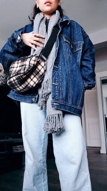 How To Wear Denim Jacket, Thrifted Jeans, Dark Blue Denim Jacket, Talk A Lot, Fleece Leggings, Vintage Denim Jacket, Thermal Shirt, U Can, Wool Blend Sweater