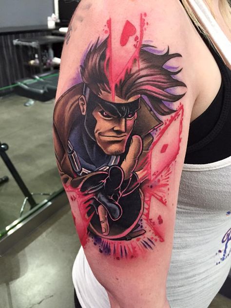 Gambit tattoo done by Sausage @ Revolt Tattoos in Las Vegas Nevada. Gambit Tattoo X Men, Gambit Tattoo, Comic Book Tattoo, Book Tattoos, Comic Tattoo, Batman Tattoo, Marvel Tattoos, Missoula Montana, Sketching Ideas