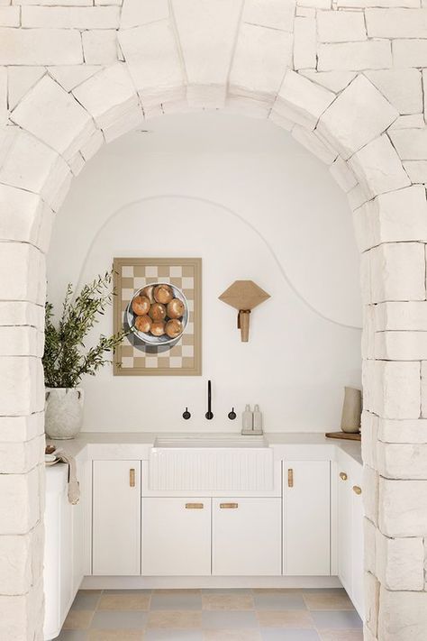 Matte Checkered Floor, Dulux White, Stone Veneer Wall, Dry Stack Stone, Three Birds Renovations, Checker Pattern, Butler Sink, Matte Tile, Three Birds