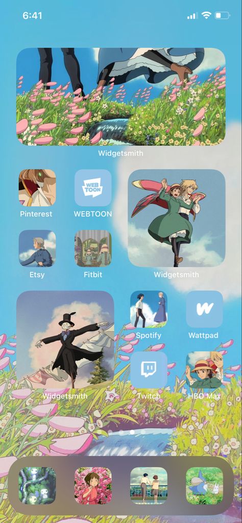 Howls Moving Castle Phone Layout, Howls Moving Castle Homescreen, Ghibli Homescreen Layout, Howls Moving Castle Phone Theme, Ghibli Iphone Layout, Ghibli Homescreen, Anime Widget Homescreen, Studio Ghibli Phone Theme, Studio Ghibli Homescreen