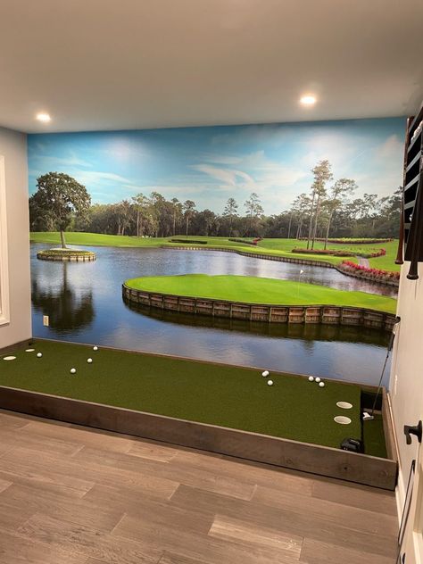 Racing Man Cave Ideas, Golf Course Wall Mural, Golf Themed Basement, Golf Inspired Bedroom, Golf Room Decor Interior Design, Golf Clubhouse Decor, Golf Mural Wall, Man Cave Mural, Golf Wallpaper Aesthetic