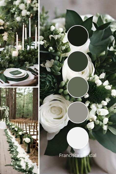 10 Fall Wedding Color Palette Ideas That Are Absolutely Gorgeous - Francisca's Bridal White And Green Fall Wedding, Modern Color Palette Wedding, Forest Wedding Aesthetic Colors, Green Colour Scheme Wedding, Eucalyptus And Taupe Wedding, Wedding Decorations Color Palettes, Dark Green And White Wedding Theme, Wedding Green Color Palette, Wedding Forest Green Color Schemes