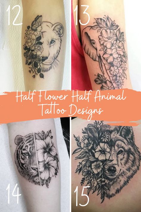 Animal And Flower Tattoos For Women, Half Animal Face Tattoo, Half Flower Half Animal Tattoo, Half Dog Face Half Flower Tattoo, Half Dog Face Tattoo, Half Half Tattoo, Half Flower Tattoo Design, Half Wolf Face Tattoo, Half Face Half Flower Tattoo