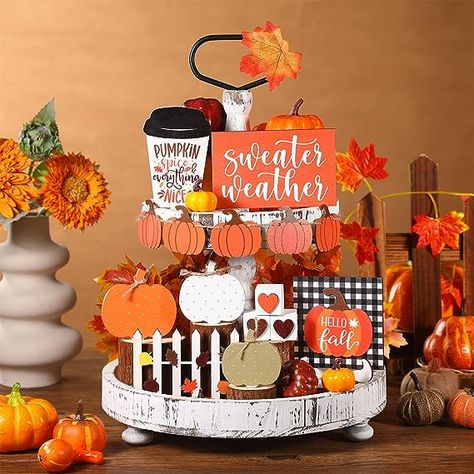 Warm Designs of Autumn: the fall themed wooden sign is designed with many lovely and warm elements, such as the word of [HELLO FALL] formed by letters and pumpkin, heartwarming phrases, and so on, will be warm and attractive decorations on autumn Fall Table Centerpieces Tiered Tray, Fall Decor Two Tier Tray, Two Tier Fall Tray, Scarecrow Tiered Tray Decor, Pumpkin Spice Tiered Tray, Maple Pumpkin, Fall Tiered Tray Decor, Fall Table Centerpieces, Pumpkin Garland