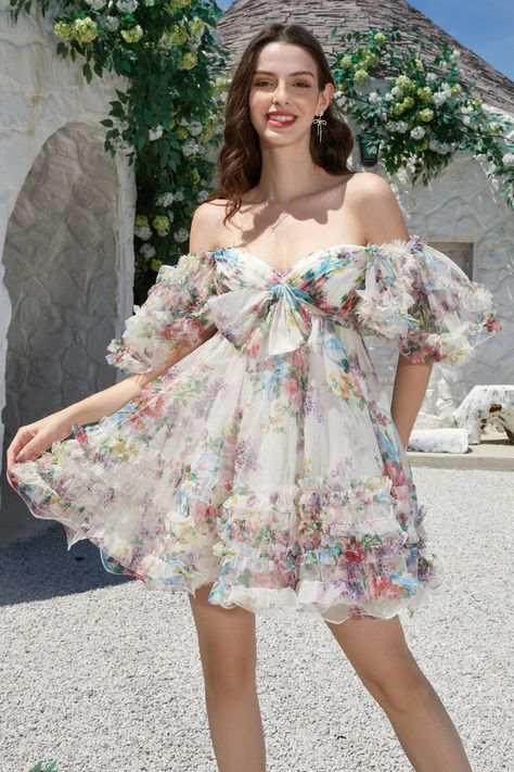 Zapaka Women Homecoming Dress 2023 Ivory Floral Printed Charming A-Line Puff Sleeves Short Tulle Cocktail Dress – ZAPAKA Sunmer Dresses, Tulle Cocktail Dress, Corset Dresses, Lovely Partner, Tulle Homecoming Dress, Dress Up Day, Dress With Short Sleeves, Pinterest Ideas, Evening Dresses Cocktail