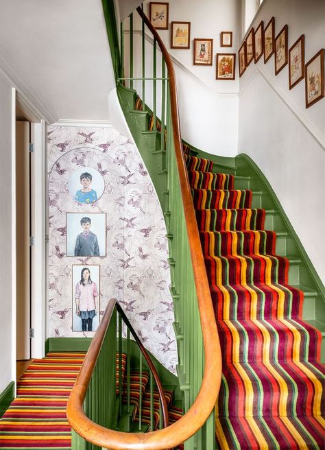 Funky Staircase Ideas, Colorful Stairwell, Unique Staircase Ideas, Colorful Stairs, Birmingham House, Stairway Ideas, Sage Green Paint Color, Breakfast Room Green, Colourful Interiors