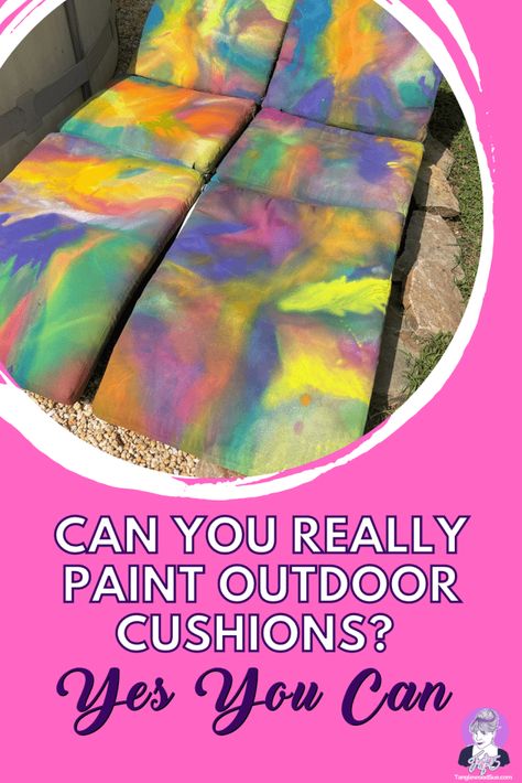 Painted Upholstery Cushions Makeover – Tanglewood Works Colorful Patio Decor, Paint Upholstery, Cracked Paint, Colorful Patio, Leftover Paint, Cushions To Make, Upholstery Cushions, Painted Jars, Patio Cushions