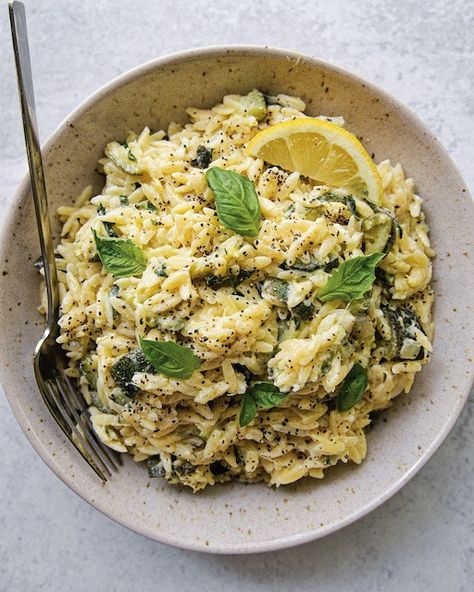 with caramelized zucchini Lemon Goat Cheese Orzo, Goat Cheese Orzo, Caramelized Zucchini, Lemon Goat Cheese, Cheese Orzo, Orzo Dishes, Creamy Orzo, Goat Cheese Pasta, Goat Cheese Recipes