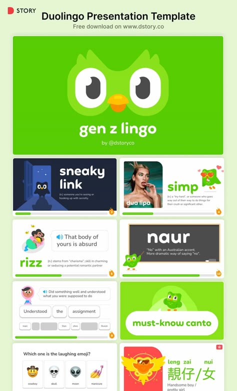 Duolingo Gen Z Lingo PowerPoint Template: Modern take on language learning. Learn a new language with this engaging, visually-appealing Presentations Aesthetic, Gen Z Slang, Ppt Theme, Aesthetic Templates, Powerpoint Slide Designs, Powerpoint Free, New Language, Creative Graphics, Aesthetic Template