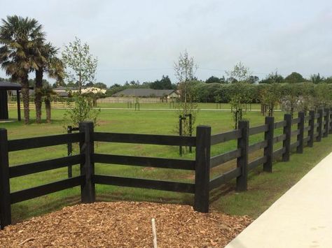 Post & 3 Rail Fencing, Blackwood Park Subdivision — Beams & Timber Black Rail Fence, Black Farm Fencing, Black Post And Rail Fence, Black Ranch Fence, Post And Rail Fence Landscaping, Black Farm Fence, Post And Rail Fence Ideas, Farmhouse Fence Ideas Front Yards, Black Wooden Fence