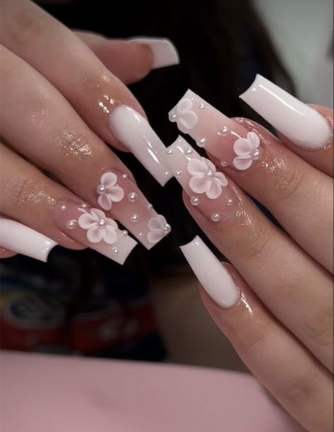 Quinceanera Nails, 3d Flower Nails, Nails Green, Girly Acrylic Nails, Cute Acrylic Nail Designs, Long Acrylic Nails Coffin, Acrylic Flower, Acrylic Nails Coffin Pink, Long Square Acrylic Nails