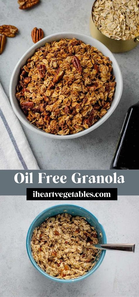 This oil-free maple pecan granola is only 5 ingredients, but it’s sweet, crunchy, and delicious! This is the perfect healthy breakfast or snack when you’re short on time! Oil Free Granola, Granola Gift, Healthy Homemade Granola Recipe, Healthy Granola Recipe, Maple Pecan Granola, Pecan Granola, Maple Granola, Homemade Granola Healthy, Granola Recipe Healthy