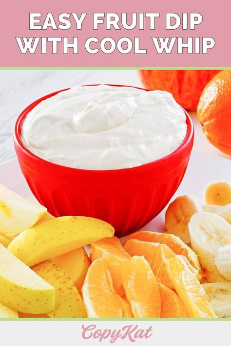 This creamy fruit dip is sure to be a favorite! It's a tasty dip made with Cool Whip, sour cream, brown sugar, and vanilla. Get the super easy recipe and find out how to make Cool Whip fruit dip for a delicious appetizer, dessert for parties, or after school snack for kids. Fruit Salad Dip Cool Whip, Fruit Dip With Cool Whip And Yogurt, Recipe Fruit Dip, Ww Fruit Dip Weight Watcher Recipes, Easy Fruit Dip With Cool Whip, Fruit Dip With Sour Cream, Fruit Dip Without Cream Cheese, Fruit Dip With Cool Whip, Summer Fruit Dip