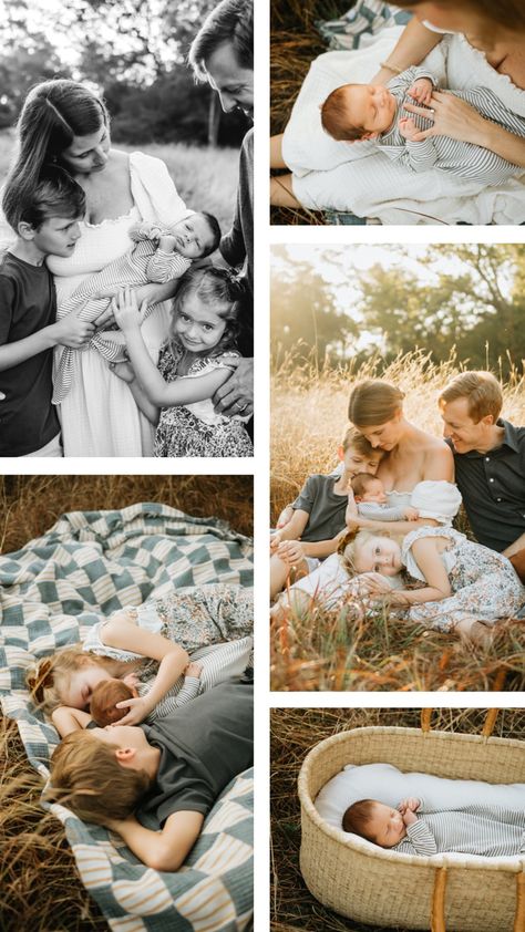 Outside Infant Photography, Outdoor Pictures With Newborn, Family Of 5 Photoshoot With Newborn, Summer Newborn Family Pictures, Vintage Style Family Photos, Newborn Family Session Outdoor, Newborn Pics Outside, Field Newborn Pictures, Outdoor Photos With Newborn