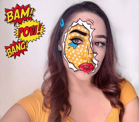 Super cute pop art look :) #popart #halloween #halloweenmakeup #makeup #makeupart #popartmakeup #makeupideas Comic Makeup Pop Art, Comics Makeup Pop Art, Pop Art Face Paint, Pop Art Makeup Ideas, Pop Art Makeup Tutorial, Comic Makeup, Pop Art Costume, Pop Art Face, Cartoon Makeup