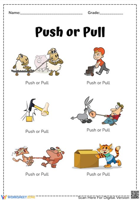 Push the boredom away and pull your interest in science with this worksheet right now! #pushpullworksheet #pushandpull #pushorpull #science #worksheets #forces #push #pull #printables #printablesforkids #kids #kidsactivities #scienceactivities #choosing #identifying Push And Pull, Pushes And Pulls, Science Worksheets, English Worksheets, Unschooling, Homeschool Activities, Science For Kids, Science Activities, Cambridge