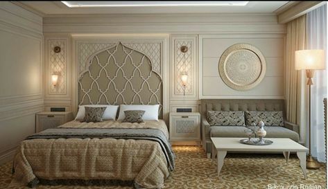 Villa Inspiration, Moroccan Decor Living Room, Islamic Interior Design, Room Drawing, Royal Theme, Moroccan Bedroom, Mosque Design, Hotel Room Design, Luxury Bedroom Design