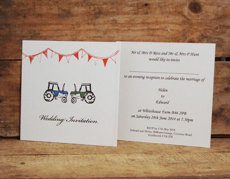 Tractors, square style, single card wedding invitations. One for the farmers! www.afarmersdaughter.co.uk Wedding Invitation Inspiration, Wedding Stationery Design, Card Wedding, Wedding Invite, Blush Roses, Country Wedding, Barn Wedding, Tractor, Stationery Design